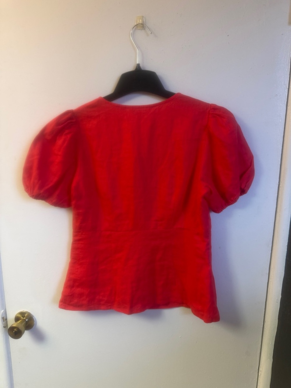 Boden Linen Coral-Red Puff-Sleeve V-Neck Button-Front Top - Picture 10 of 10